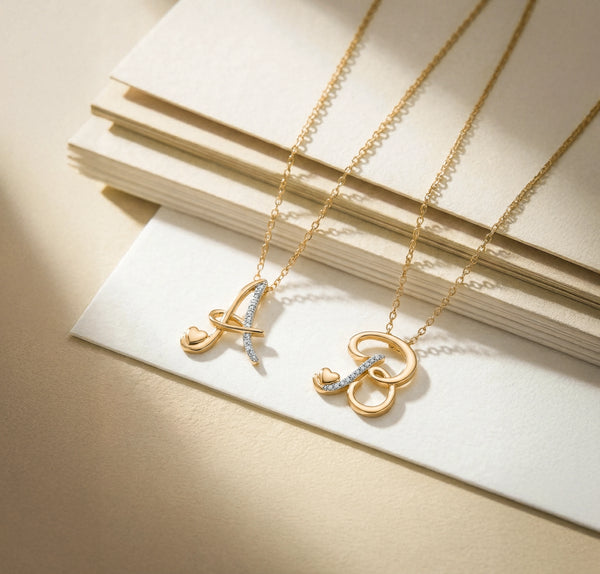 Gold necklaces with letter pendants on a beige surface