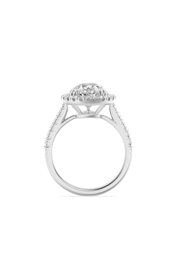 3Cttw Pear Shaped Lab Grown Diamond (F/VS) Bolld Accented Halo Engagement Ring in 14K Gold