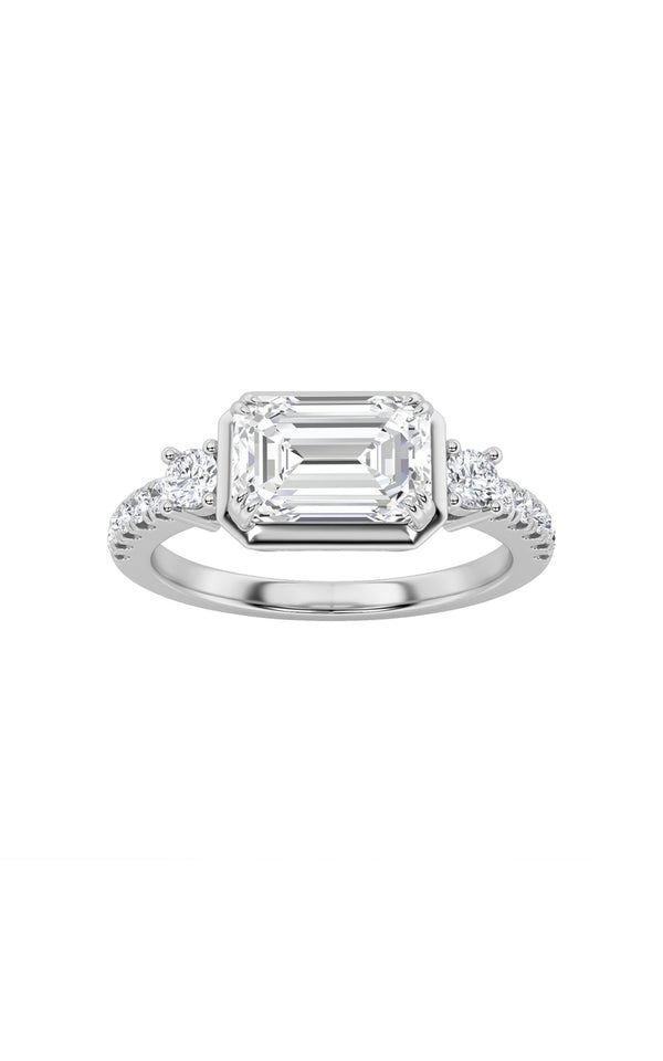 2Cttw Emerald Shaped Lab Grown Diamond (F/VS) East West Accented Three Stone Ring in 14K Gold