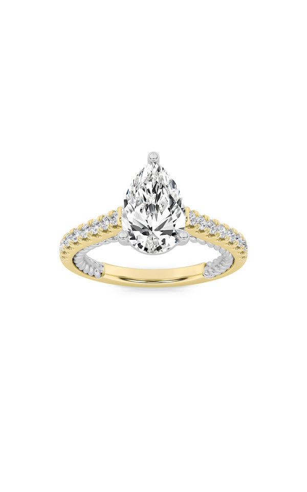 2Cttw Pear Shaped Lab Grown Diamond (F/VS) Two Tone Accented Rope Design Engagement Ring in 14K Gold