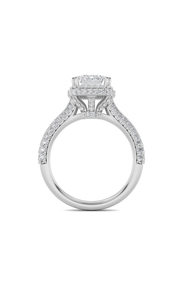 3Cttw Emerald Shaped Lab Grown Diamond (F/VS) Halo Accented Engagement Ring in 14K Gold