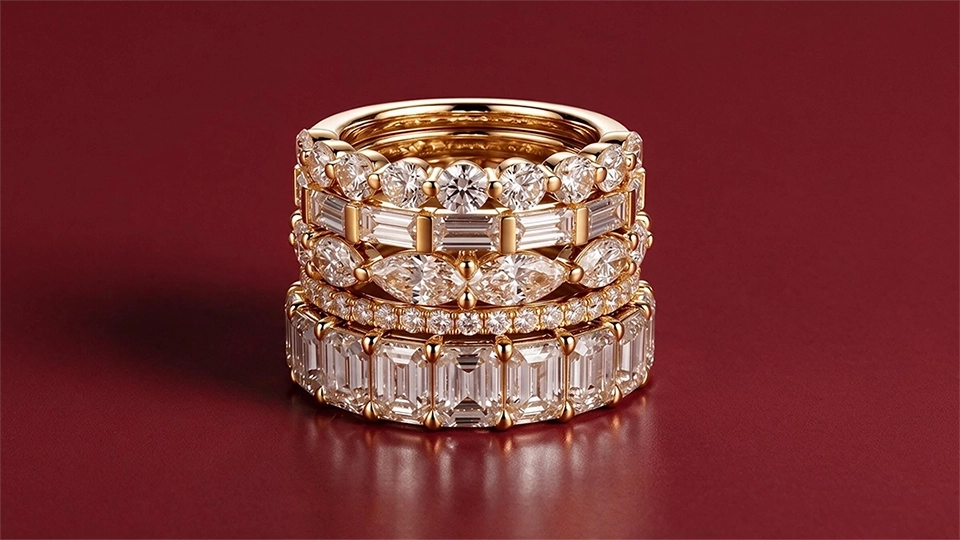 A stack of four gold rings adorned with clear gemstones, including round, baguette, and oval cuts, displayed on a dark red background.