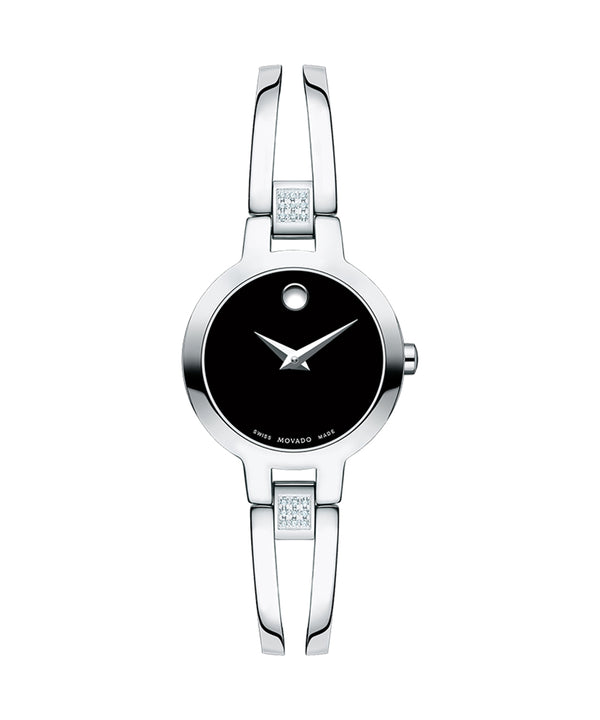 Silver watch with black face on a white background