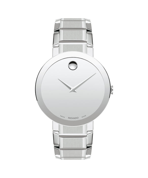 Silver watch with a clear crystal case on a white background