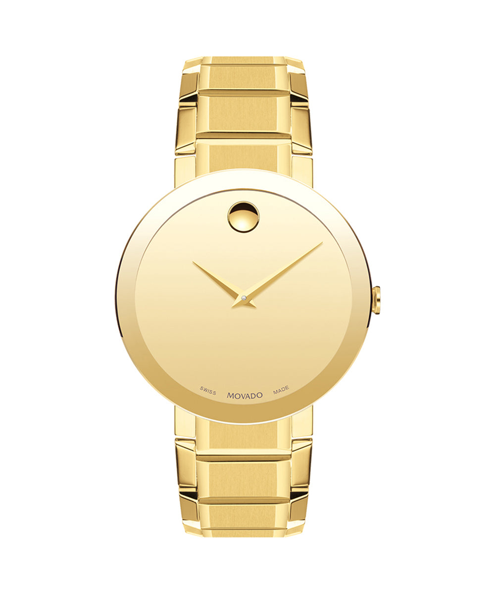 Gold watch with a white face on a white background