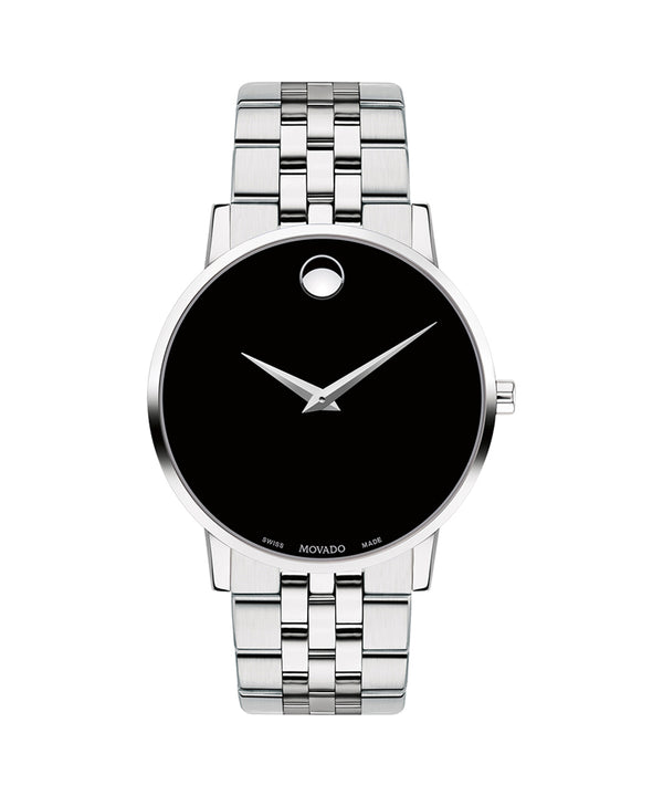 Silver watch with black face on a white background