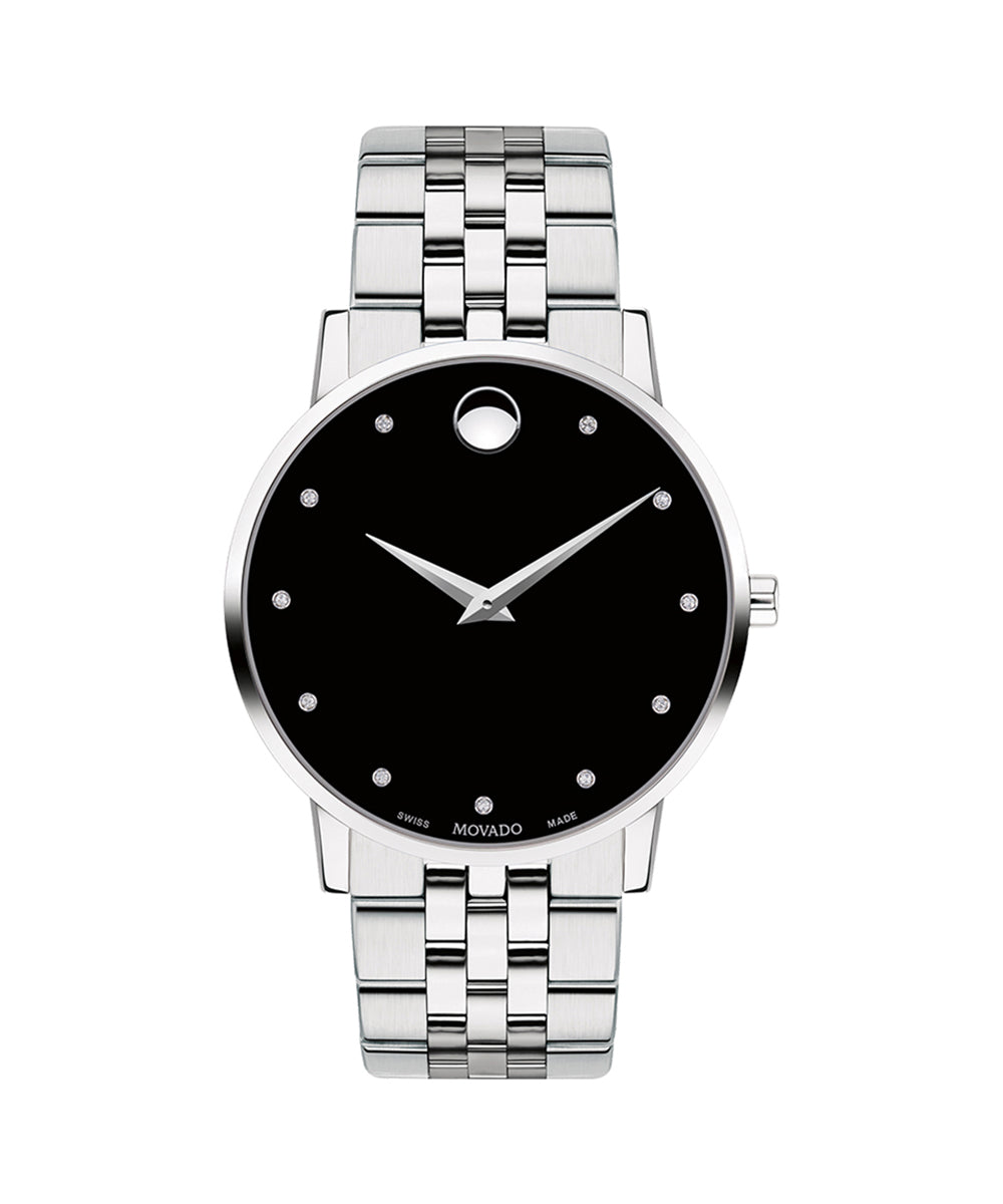 Silver watch with black face on a white background