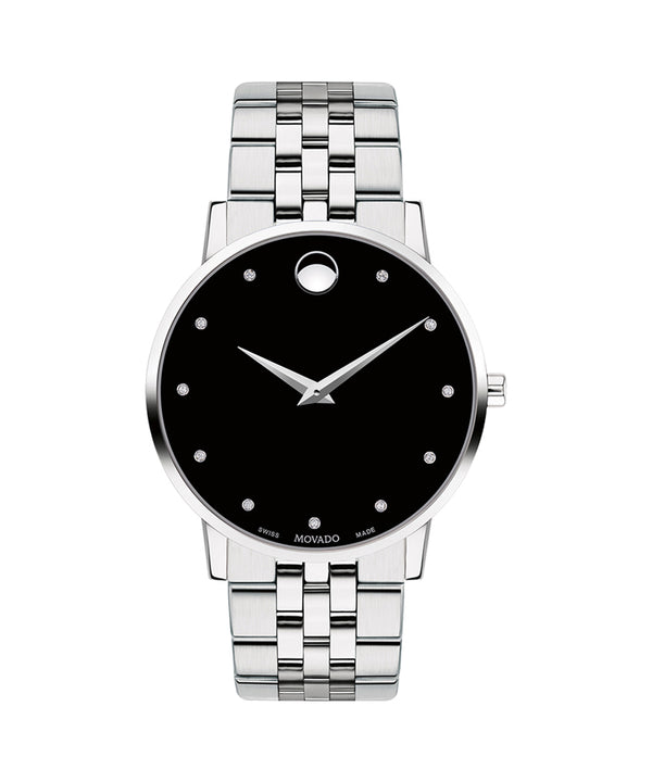 Silver watch with black face on a white background
