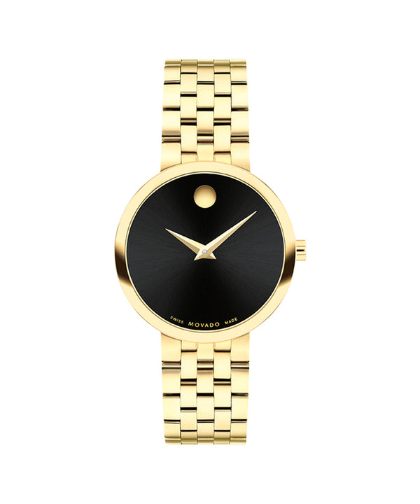 Gold watch with black face on a white background