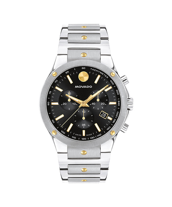 Movado watch with black face and gold accents on a white background
