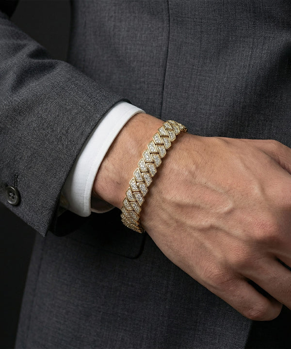 Gold bracelet on a person wearing a gray suit and white shirt.