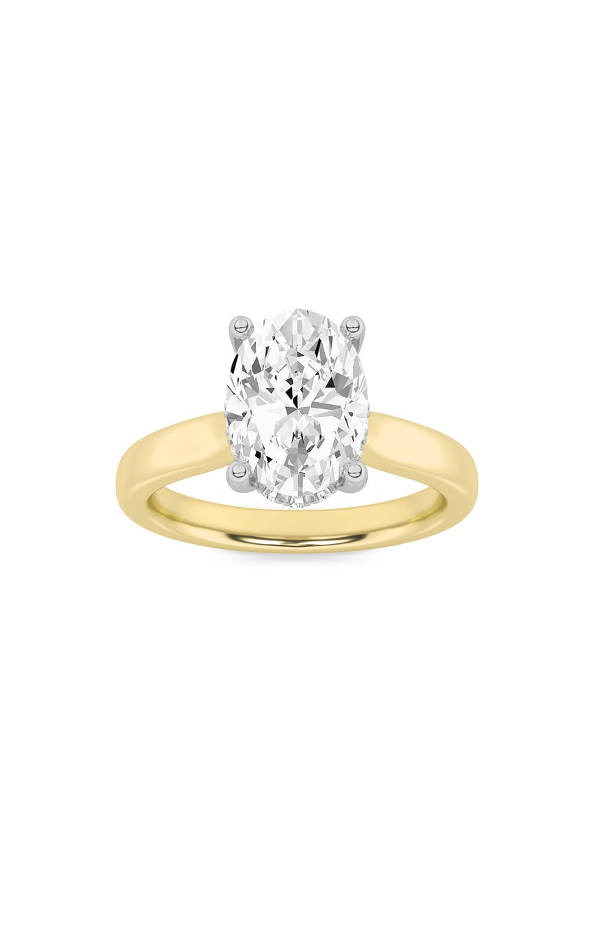 1Cttw Oval Shaped Lab Grown Diamond (F/VS) HiddenHalo Cathedral Shank Engagement Ring in 14K Gold