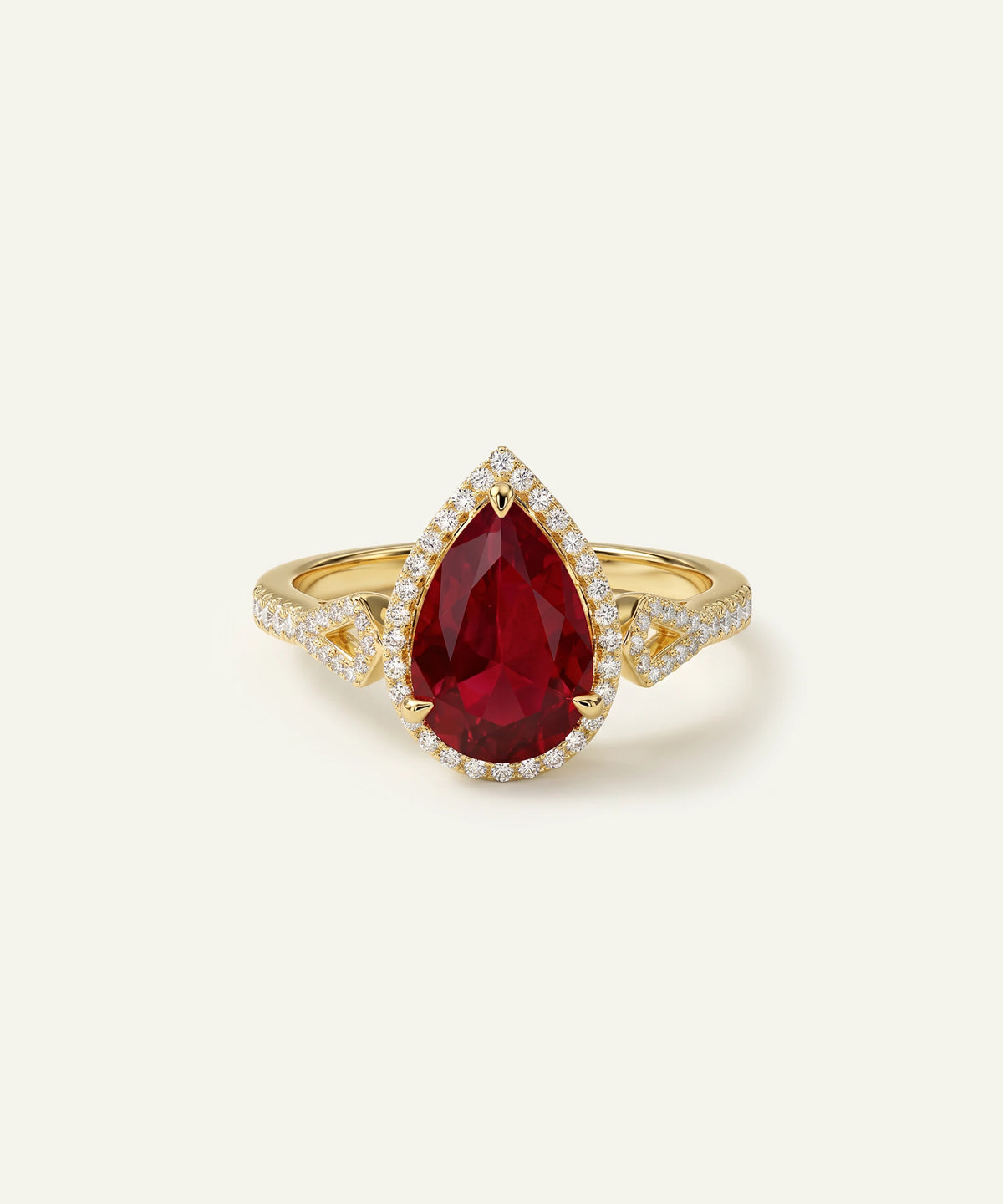 Aanika V® ruby & lab-grown diamond pear halo ring at Valliani Jewelers