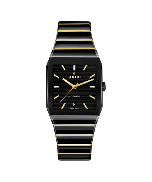 Black and gold Rado watch on a white background