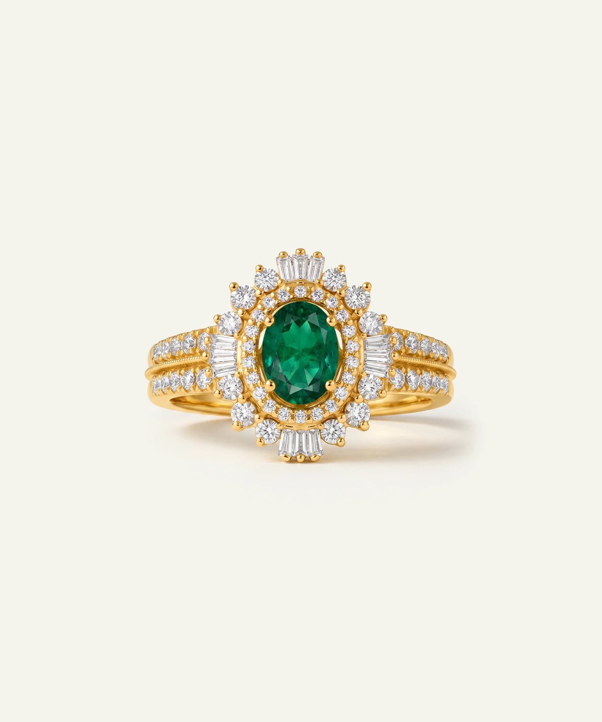 Aanika V® emerald & diamond round halo ring at Valliani Jewelers