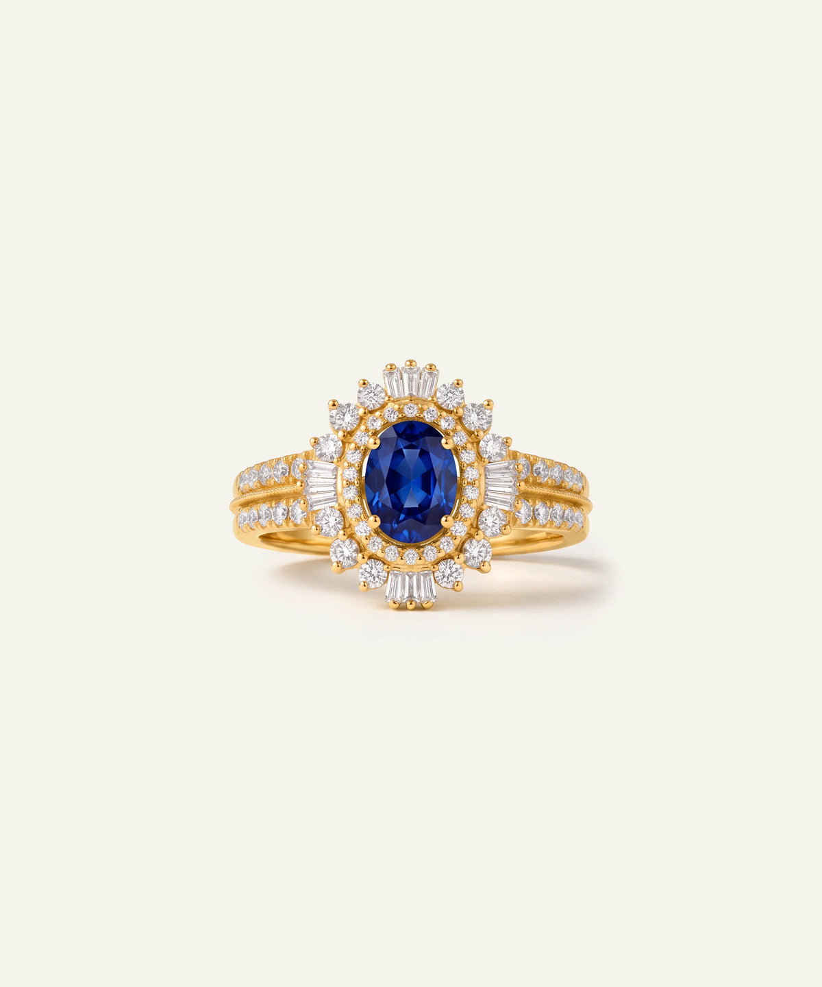 Aanika V® sapphire & diamond oval double halo ring at Valliani Jewelers