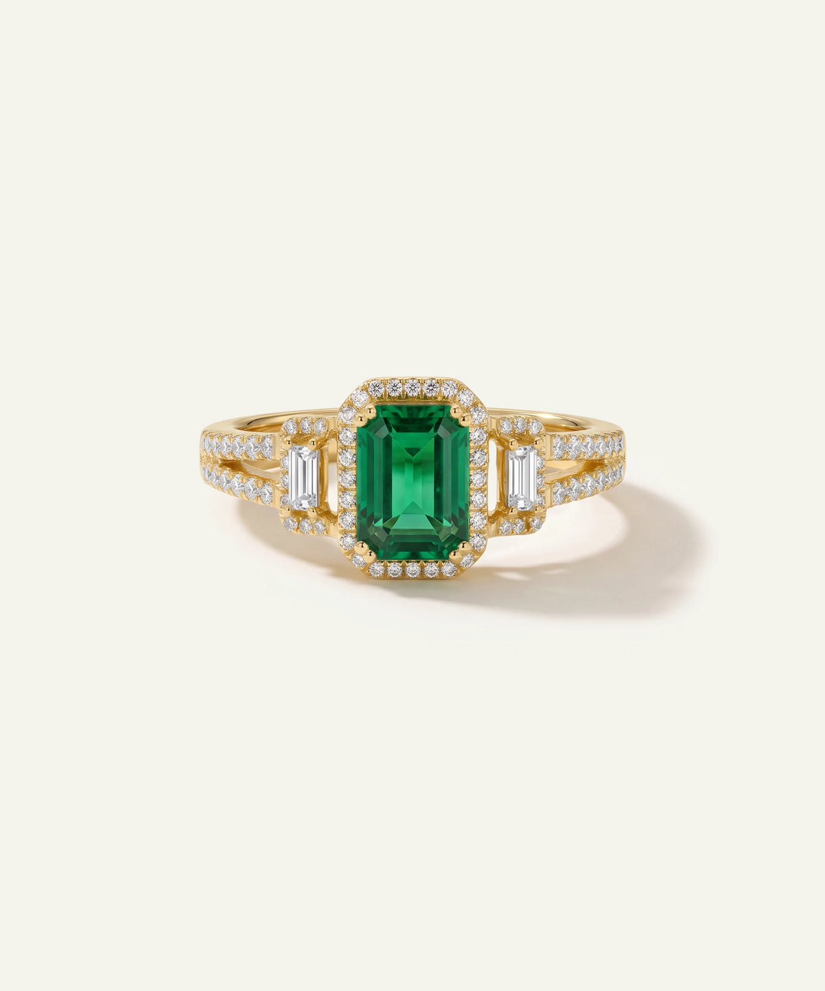 Aanika V® emerald & diamond three-stone split shank ring at Valliani Jewelers