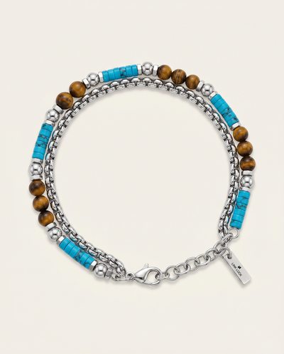 A multi-strand bracelet featuring silver-tone chain links, polished brown tiger's eye beads, and bright turquoise blue cylindrical spacer beads, with a small hanging brand tag.