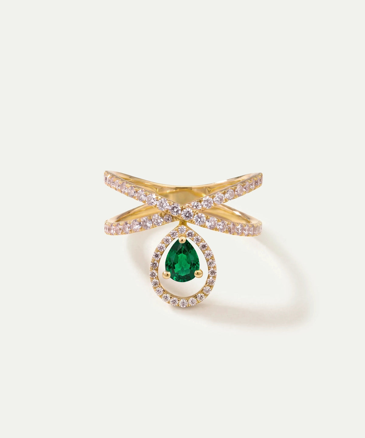 Aanika V® emerald & diamond pear crossover drop ring at Valliani Jewelers