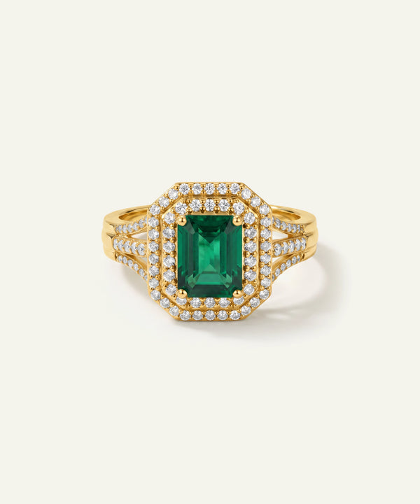 Aanika V. Emerald & Diamond Double Halo Split Shank Ring