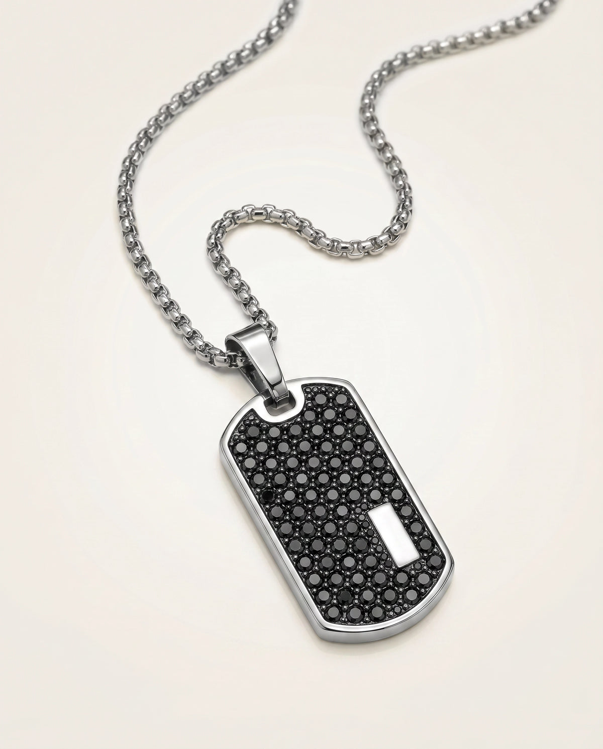 Men's stainless steel dog tag pendant with black CZ detail