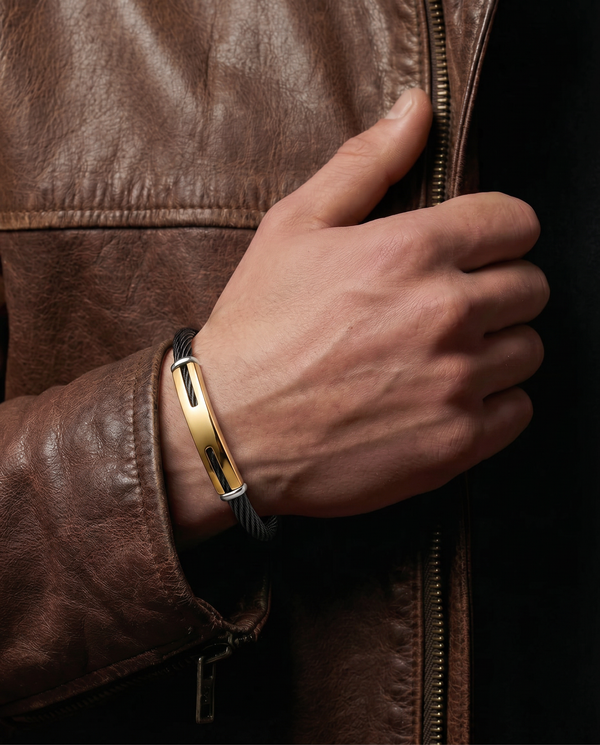 Link N Lock® Black Leather With Steel ID Bracelet