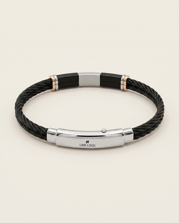 Link N Lock® Black Leather With Steel ID Bracelet