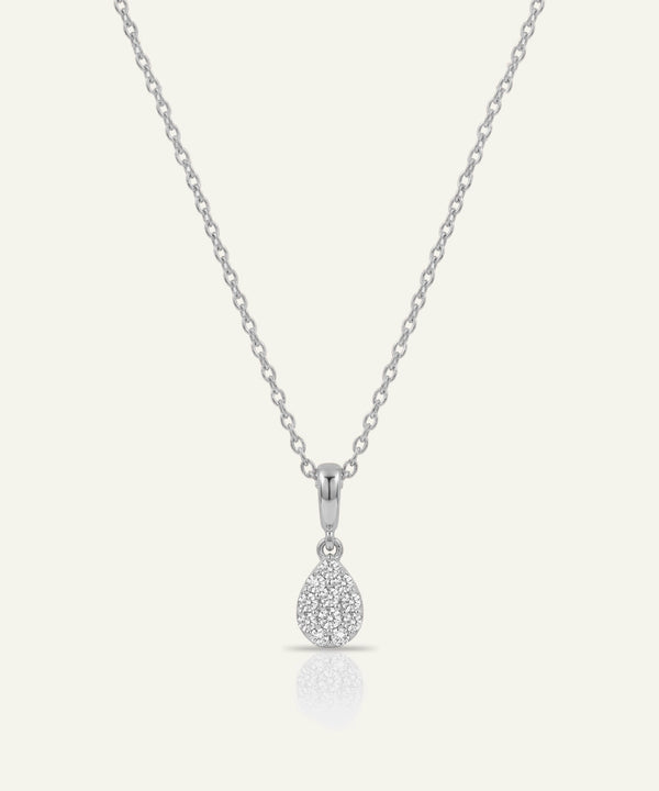 Silver teardrop pendant necklace on a white background