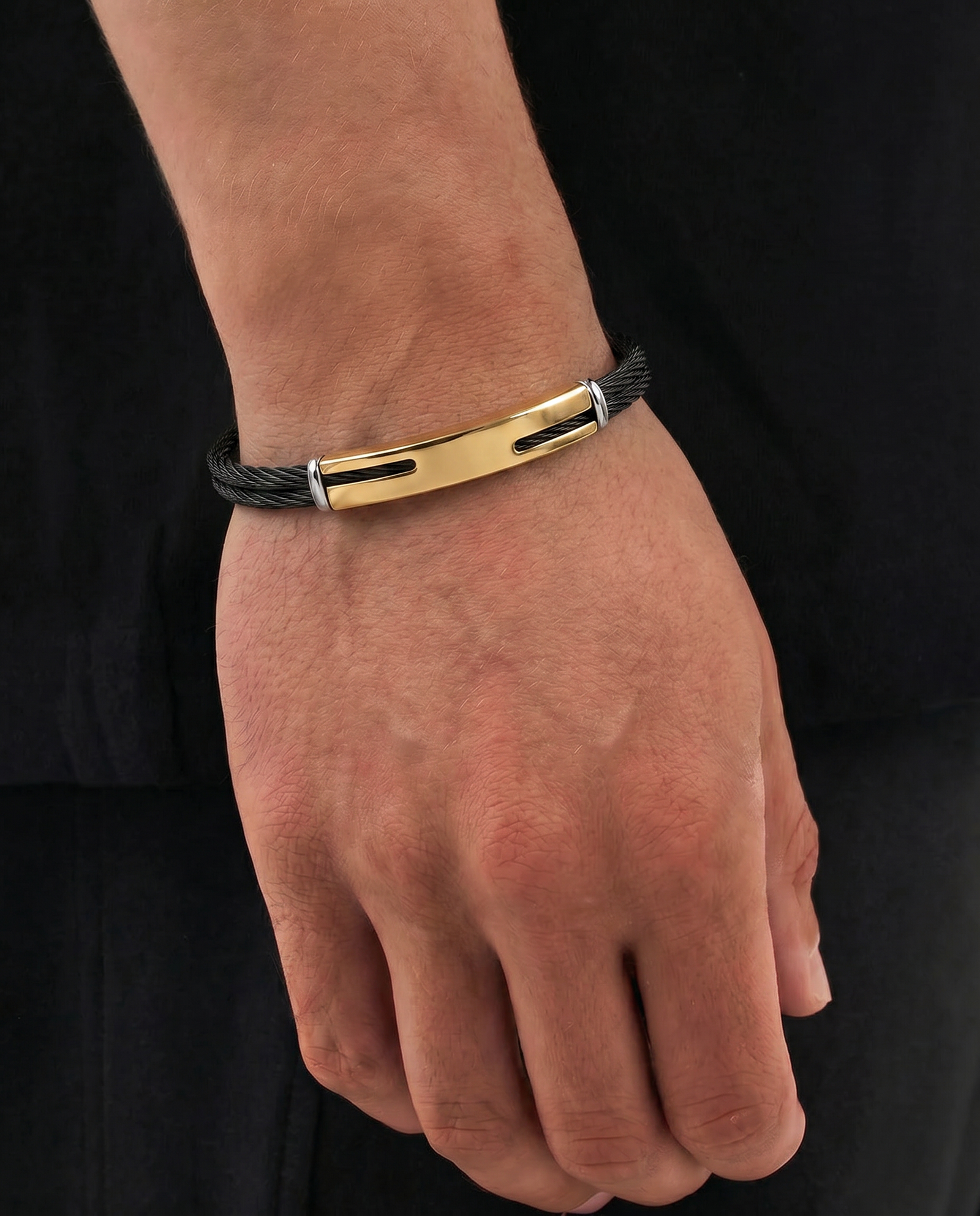 Link N Lock® Black Leather With Steel ID Bracelet