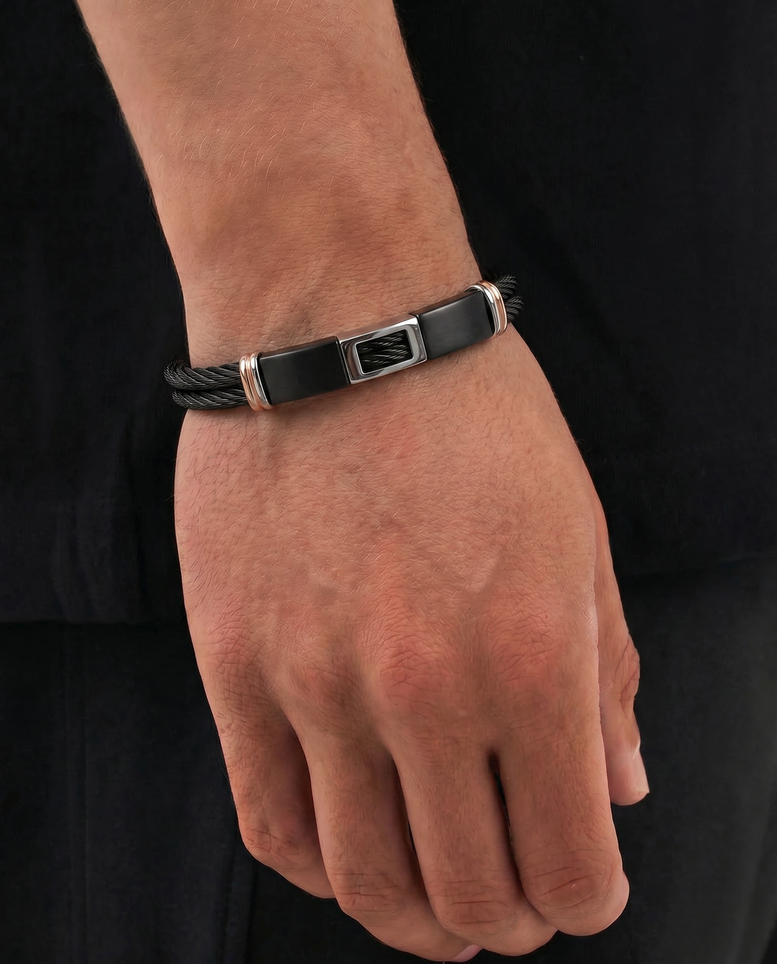 Link N Lock® Black Leather With Steel ID Bracelet