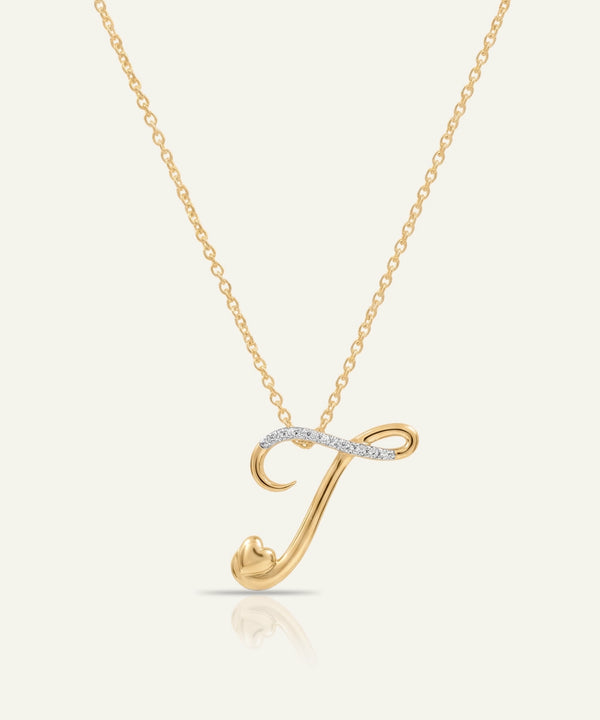 Gold necklace with a 'L' pendant on a white background
