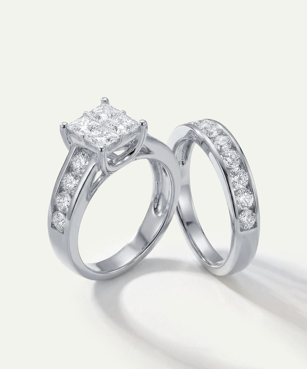 Two diamond rings on a white background