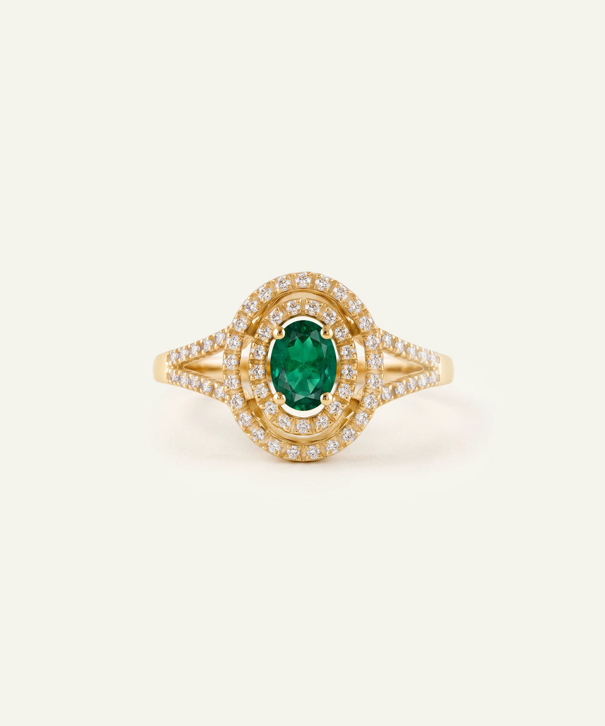 Aanika V® emerald & lab-grown diamond oval double halo ring at Valliani Jewelers