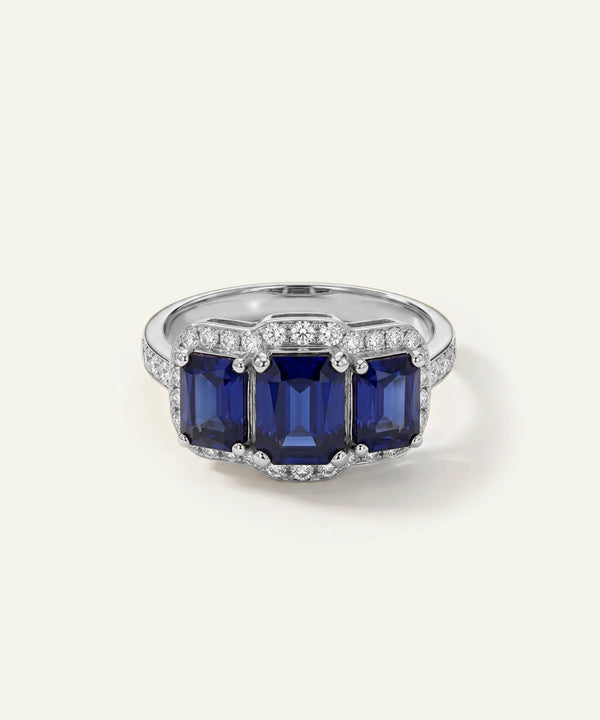 Aanika V. Sapphire & Diamond 3-Stone Halo Ring