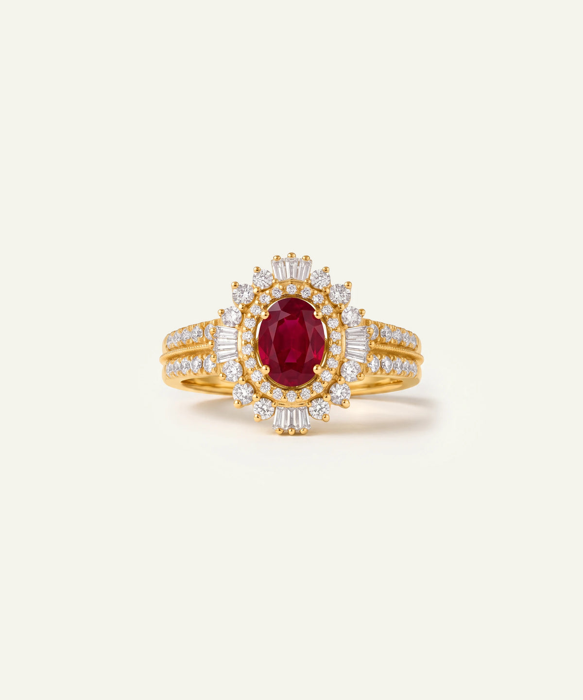 Aanika V® ruby & diamond oval double halo ring at Valliani Jewelers