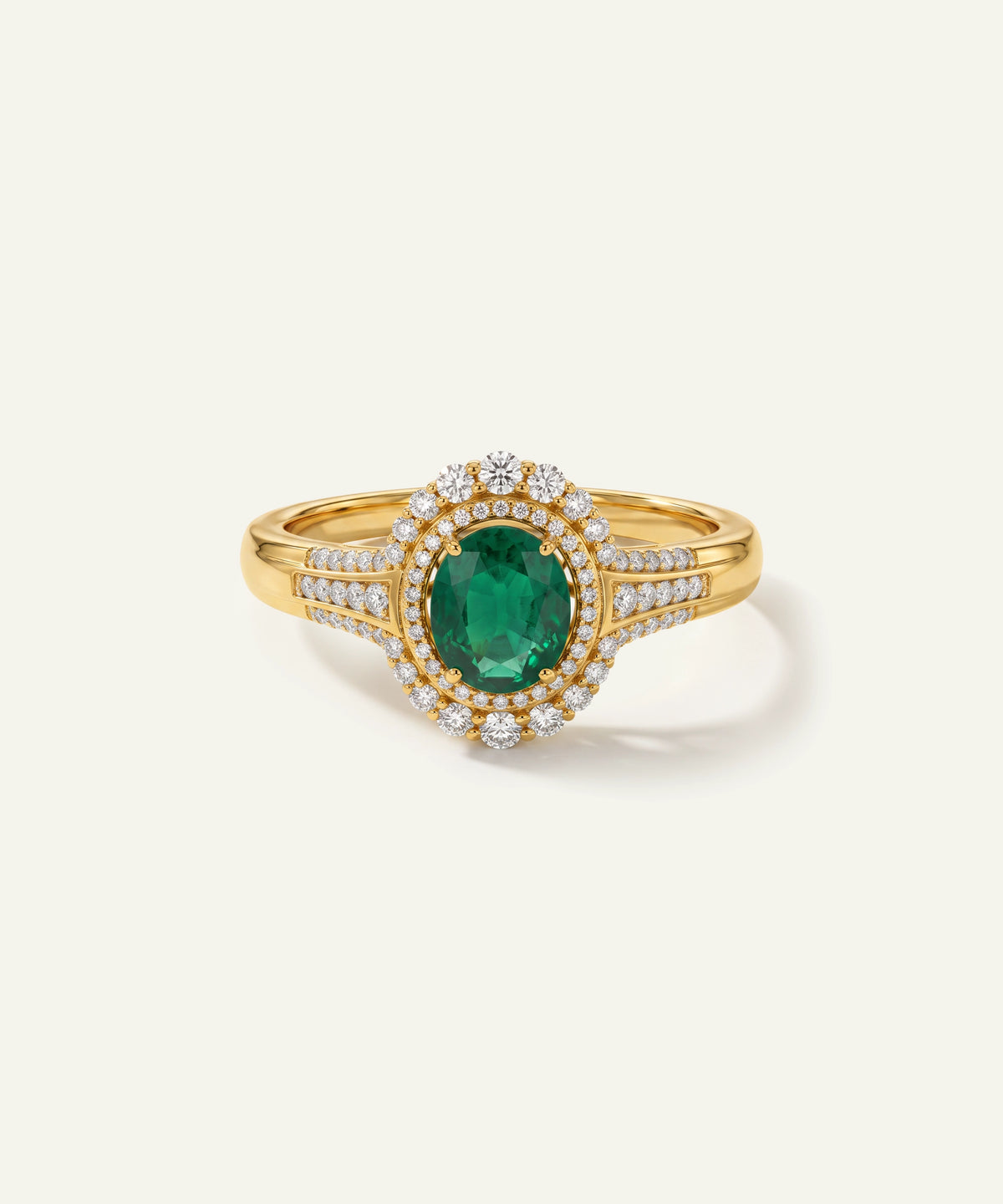 Aanika V® emerald & diamond round halo split shank ring at Valliani Jewelers