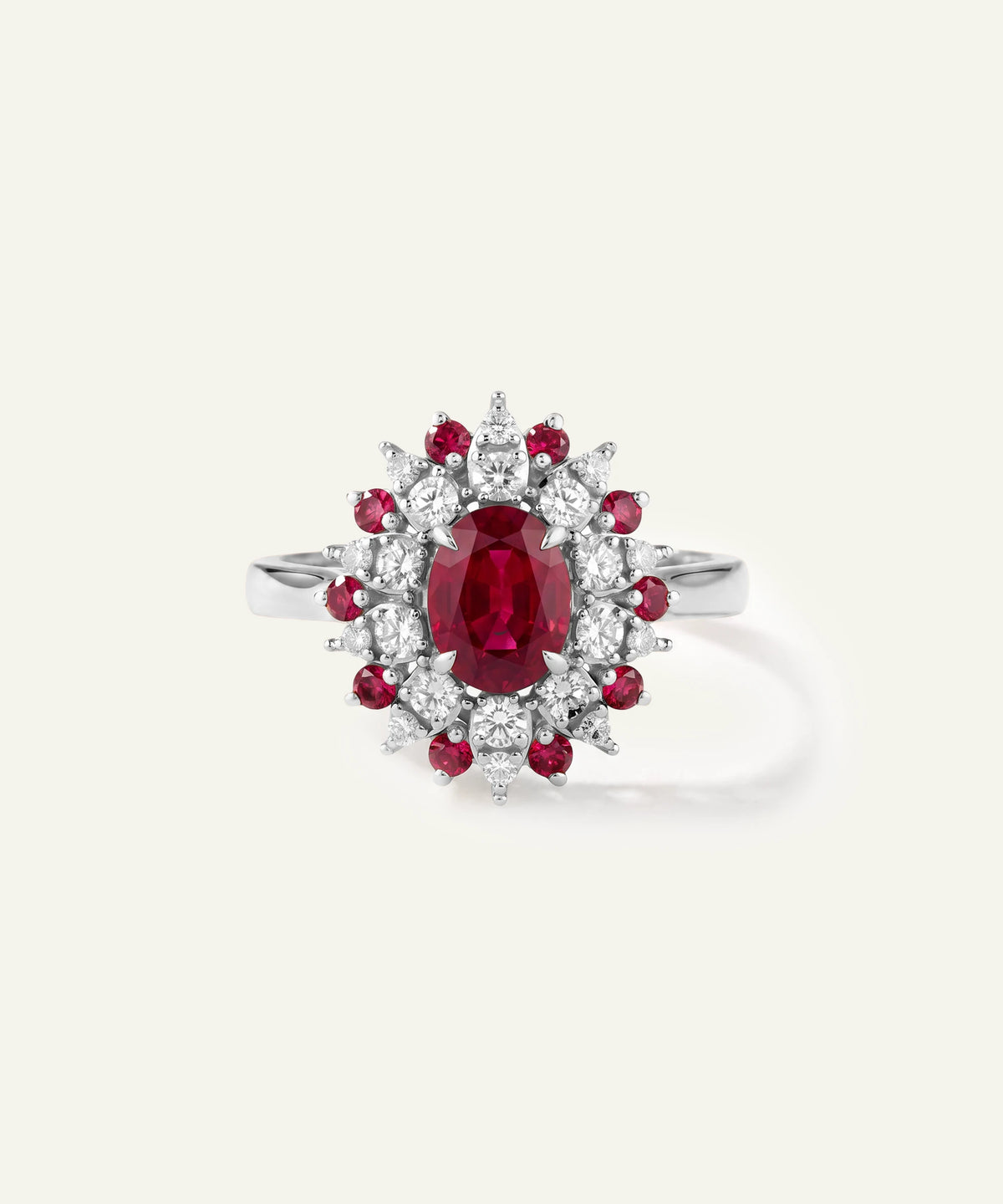 Aanika V® ruby & diamond oval halo cluster ring at Valliani Jewelers