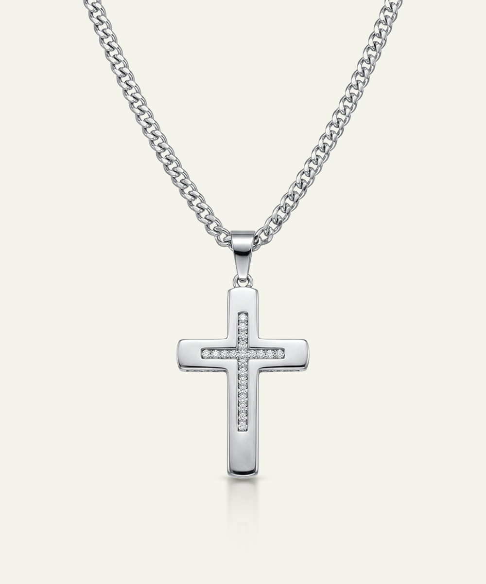 Men's white CZ cross pendant with curb chain by Link N Lock®