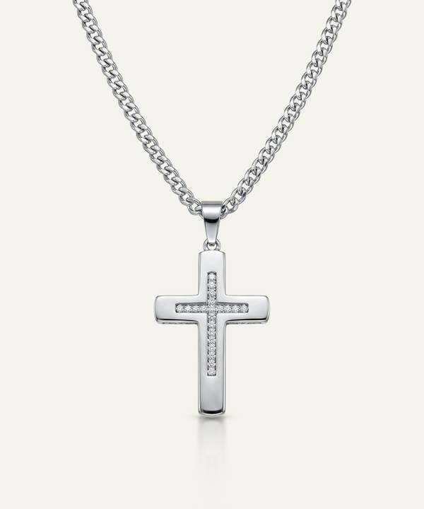 Link N Lock® White Cubic Zirconia Stainless Steel Cross Pendant with 24 inch Curb Chain