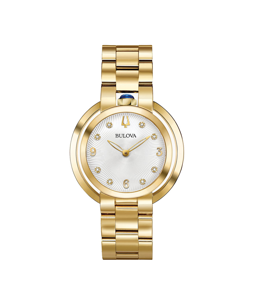 Gold wristwatch with a white face on a white background, featuring the Bulova brand.