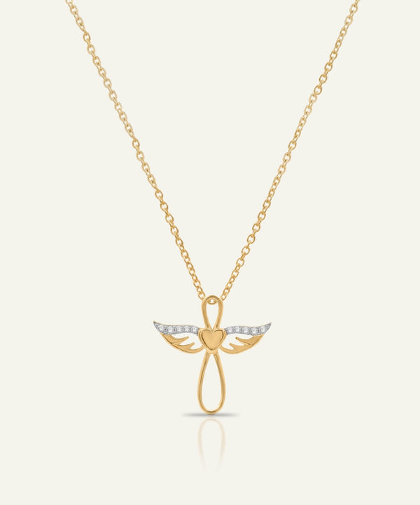 Gold angel pendant necklace on a white background