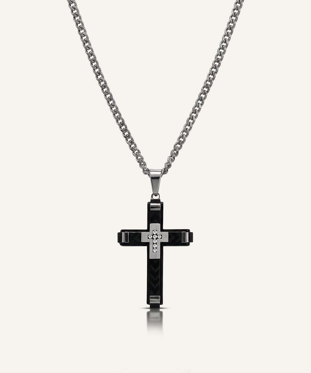 Link N LockÂ® Men's White Cubic Zirconia Stainless Steel Cross Pendant with 24 inch Curb Chain