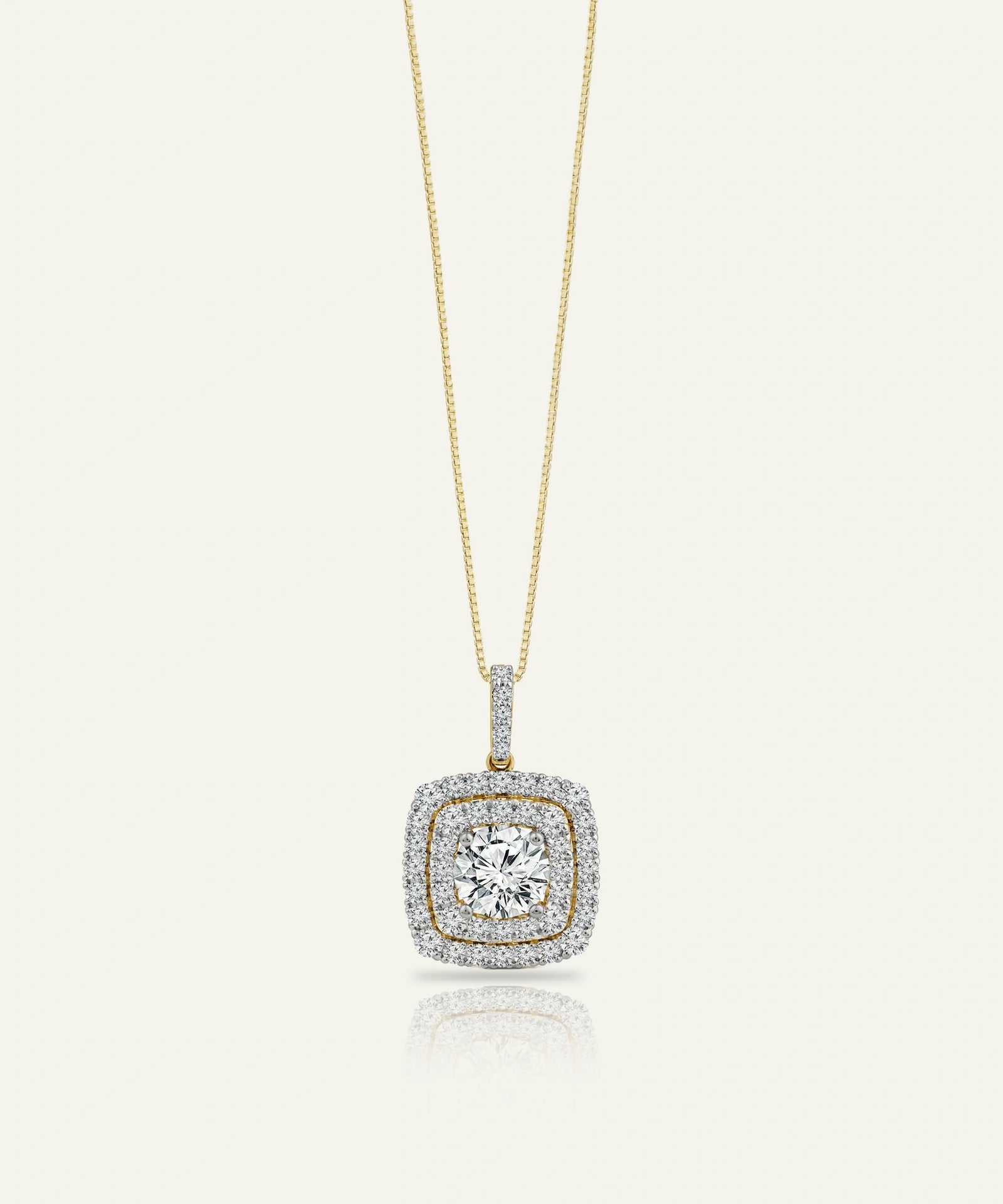 Diamond necklace with a square pendant on a light beige background