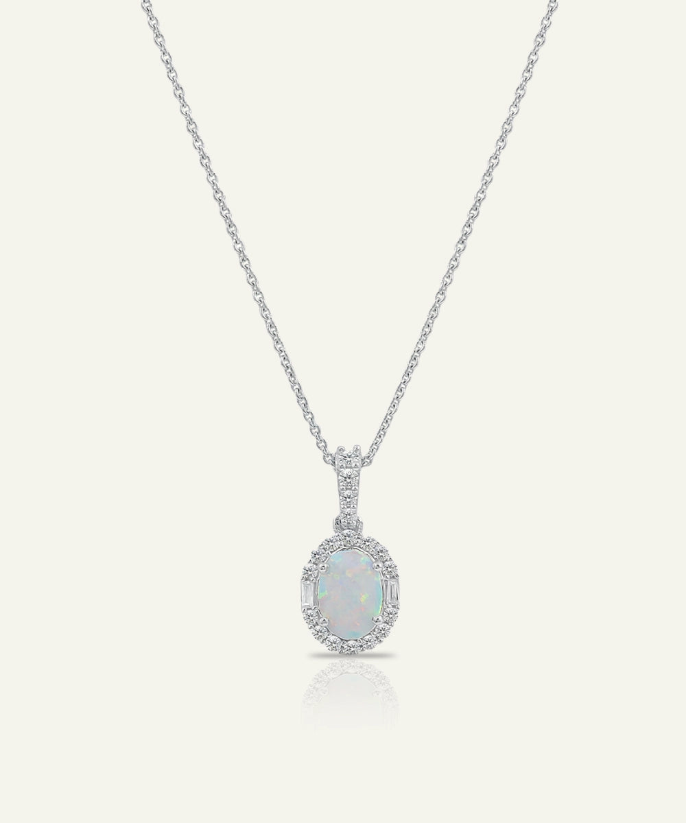 Opal pendant necklace on a white background