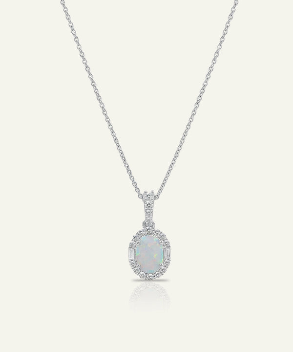 Opal pendant necklace on a white background