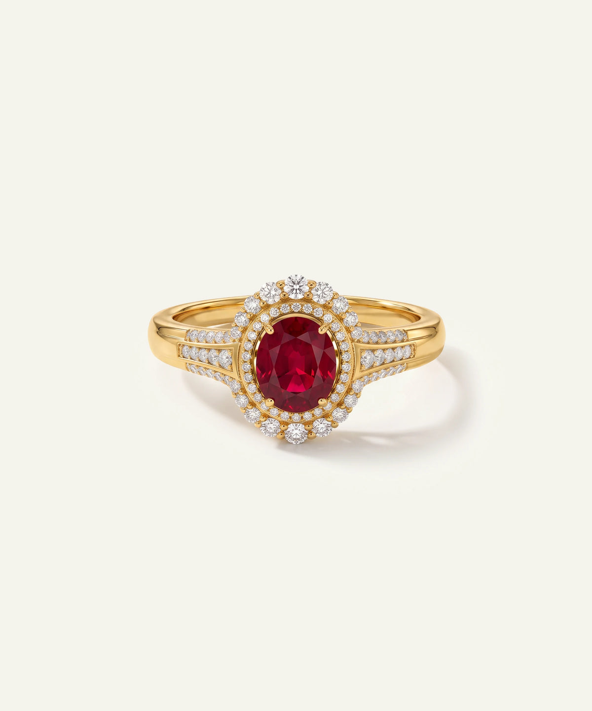 Aanika V® ruby & diamond oval halo split shank ring at Valliani Jewelers
