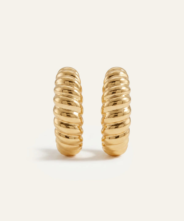 Pair of gold hoop earrings on a white background
