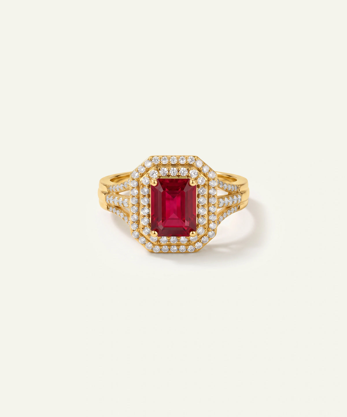 Aanika V® emerald & diamond halo split shank ring at Valliani Jewelers