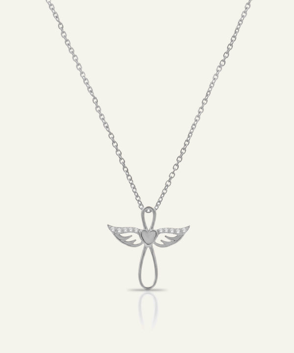 Silver angel pendant necklace on a white background