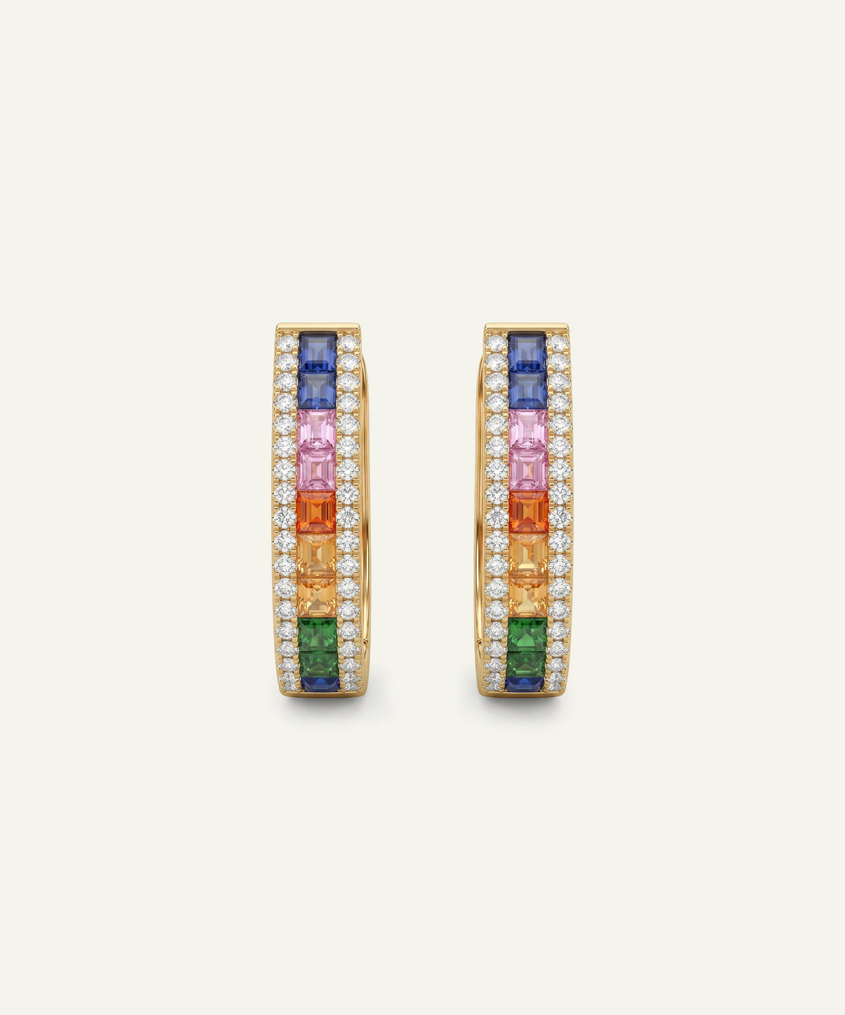 A pair of gold-toned rectangular hoop earrings with a vertical rainbow row of colored gemstones and rows of clear stones, shown on a light cream background.